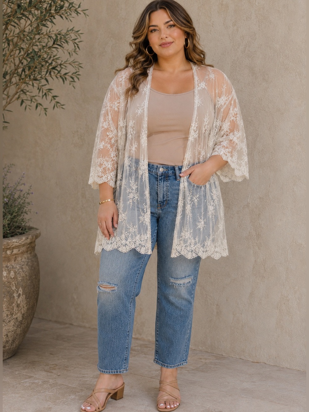Creamy White Lace Floral Kimono Cardigan Duster Shrug Bohemian Size 2X Boho Chic